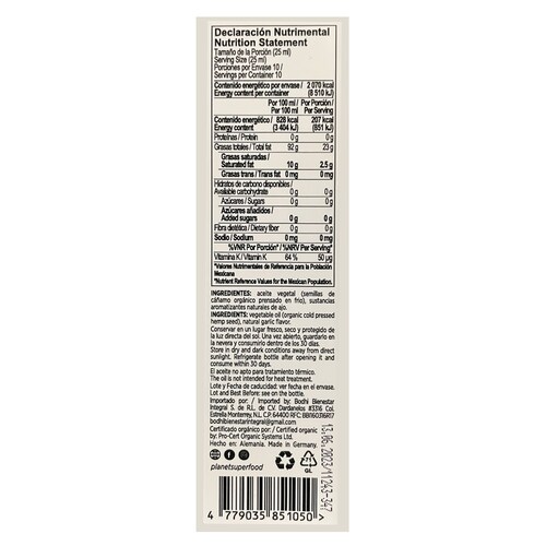 Aceite Vegetal de Semillas de Cáñamo Orgánico, Sabor Ajo 250ml