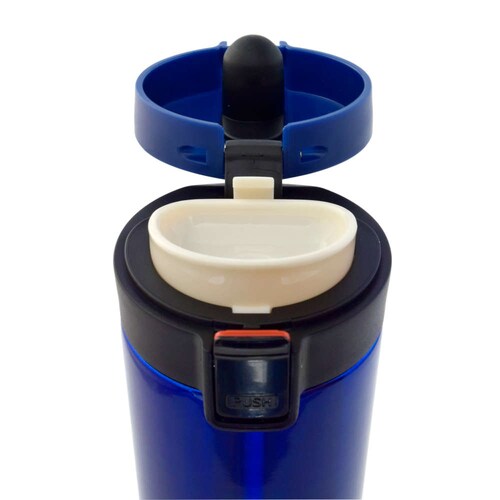 Termo con botón de seguridad antiderrames, 500 ml, azul rey metálico