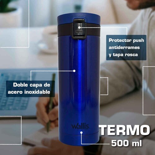 Termo con botón de seguridad antiderrames, 500 ml, azul rey metálico