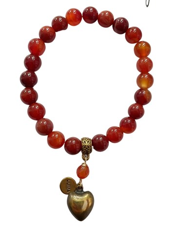 Pulsera Ágatas Ambar Con Dije Metalico De Corazón Luma
