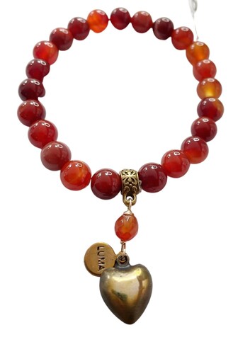 Pulsera Ágatas Ambar Con Dije Metalico De Corazón Luma