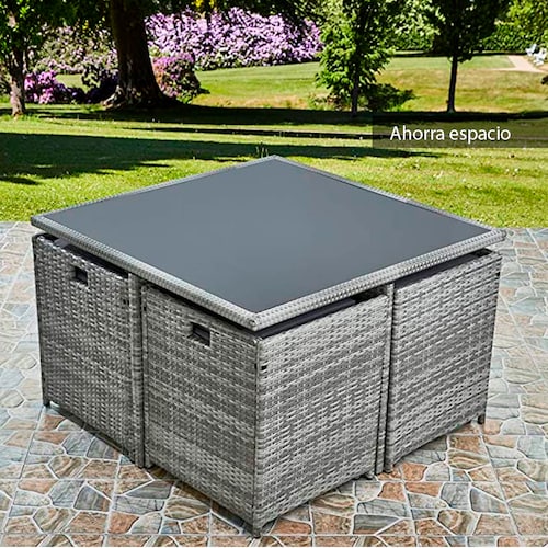 Comedor para Jardin Juego de 8 sillas de ratán acojinadas con Mesa de Vidrio Templado 