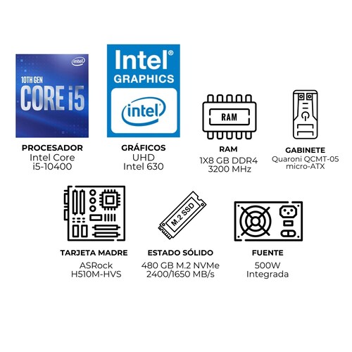 The Boss PC Quaroni Intel Core i5-10400, 8 GB, 480 GB SSD, incluye Monitor y Accesorios