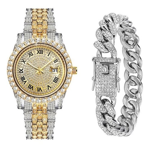 Reloj De Pulsera Plateada De Moda Con Fecha Y Diamantes Para Hombre 