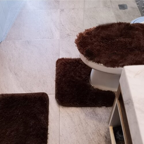 Tapete de baño, juego 3 piezas alfombrillas shag color café