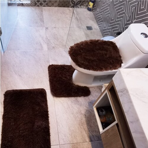 Tapete de baño, juego 3 piezas alfombrillas shag color café
