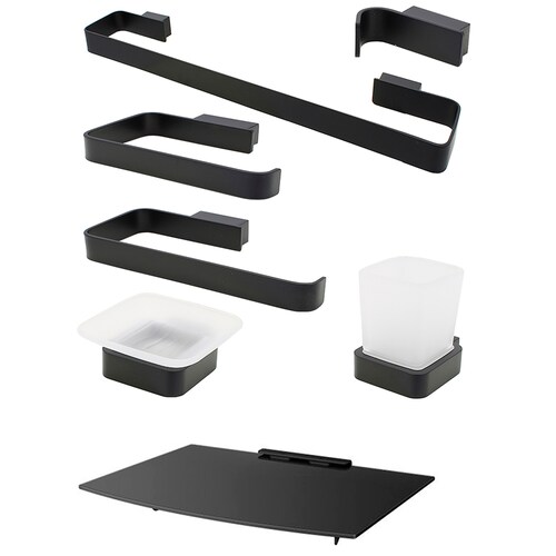  Juego De Baño 7 Pz Con Repisa Vidrio Templado Negro Cuadrado