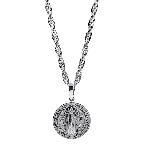 Medalla San Benito y cadena torzal de plata .925 baño de rodio.