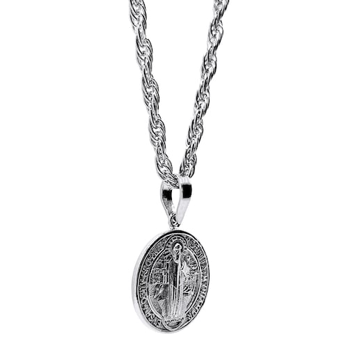 Medalla San Benito y cadena torzal de plata .925 baño de rodio.