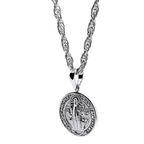 Medalla San Benito y cadena torzal de plata .925 baño de rodio.