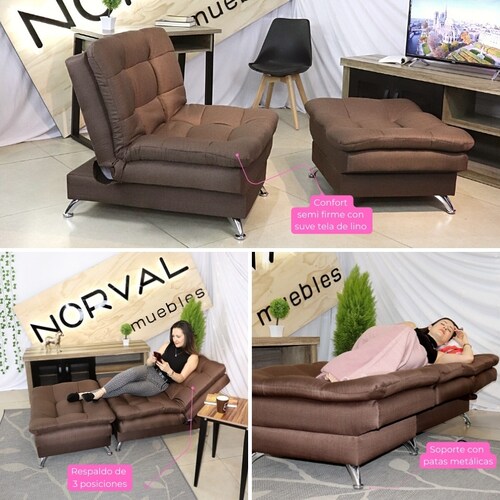 Sofá Reclinable Individual Sillón y Taburete tapizado en Lino Chocolate