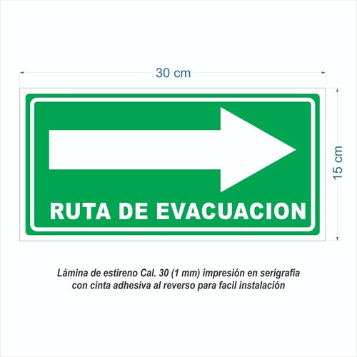 Señalamiento Ruta De Evacuación  Para Comercio en Serigrafia Marca IMPRIME Set De 10 Pzas 30 x 15cm