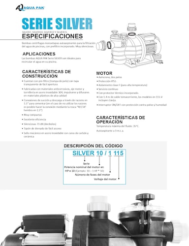 Bomba Para Alberca Modelo SILVER10/115 Aqua Pak 1 Hp 115 V