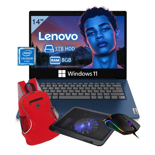 Laptop Lenovo 14IGL05 Intel N4020 1TB  8GB Ram Windows 11 - Azul + Mochila + Base Enfriadora + Mouse