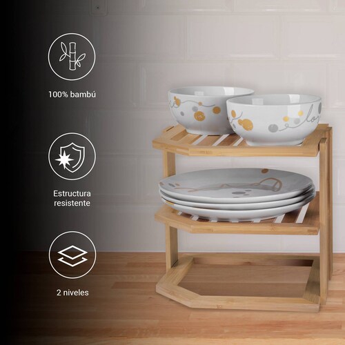 Estante esquinero de 3 niveles de bambú para platos y cocina Tutti