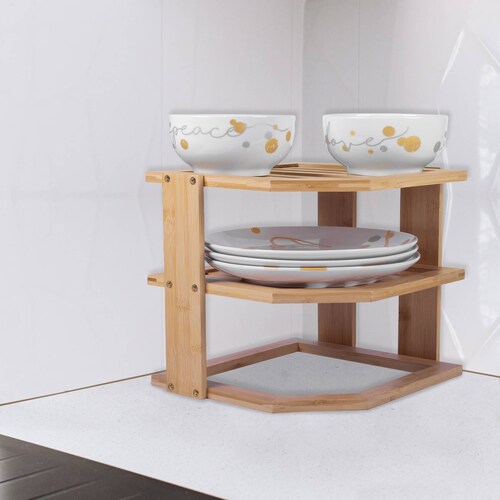 Estante esquinero de 3 niveles de bambú para platos y cocina Tutti