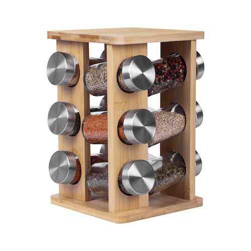 Especiero giratorio cuadrado de bambú con 12 frascos de vidrio y tapas acero inoxidable Tutti