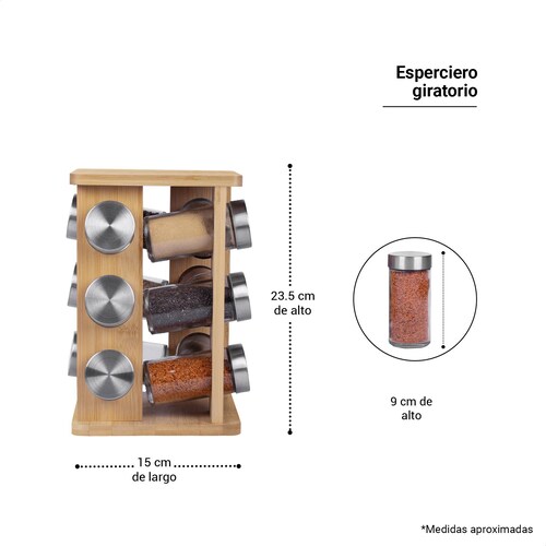 Especiero giratorio cuadrado de bambú con 12 frascos de vidrio y tapas acero inoxidable Tutti