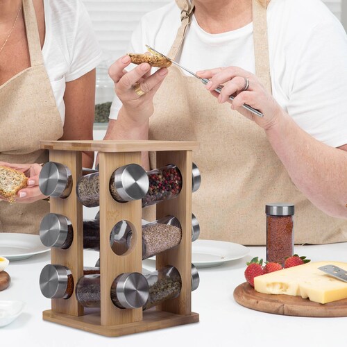 Especiero giratorio cuadrado de bambú con 12 frascos de vidrio y tapas acero inoxidable Tutti