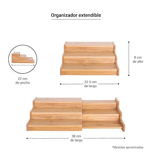 Estante organizador de alacena con 3 niveles de bambú extensible escalonado Tutti