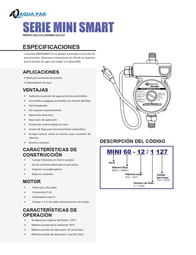 Bomba Presurizadora  Individual Automático Mini Smart MINI60-10/1127 Aqua Pak 1/3 HP 127 Volts