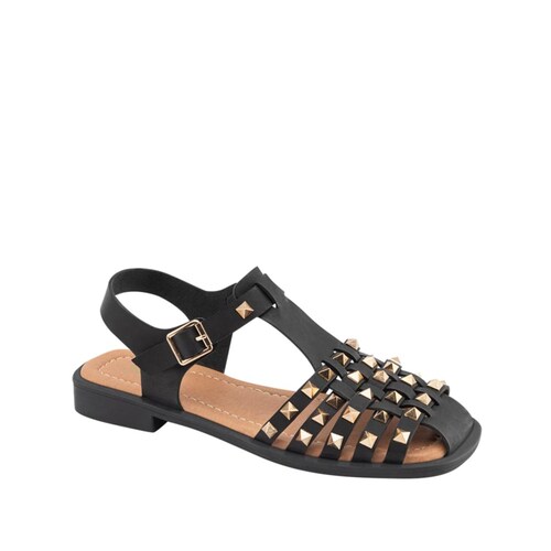 Sandalias planas tipo pescador marca PBPS color negro, con estoperoles, mod. 1061145