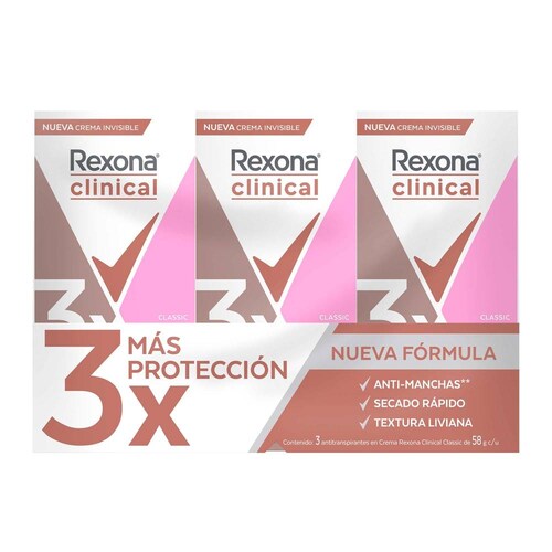 Antitranspirante En Crema Rexona Clinical Para Mujer 58g c/u, 3 Piezas