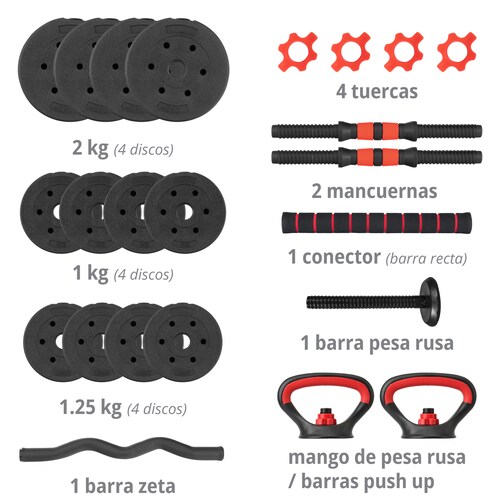 Kit de Mancuernas Altera Con Peso Ajustable 20 KG (Barra Recta + Barra Z + Par de mancuernas + Pesa Rusa + Discos Intercambiables)