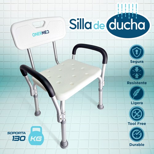 Silla Ducha Baño Altura Ajustable Antiderrapante Brazos Desmontables Portatil