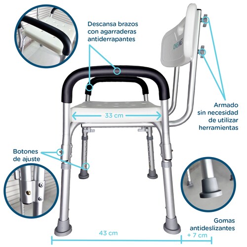 Silla Ducha Baño Altura Ajustable Antiderrapante Brazos Desmontables Portatil