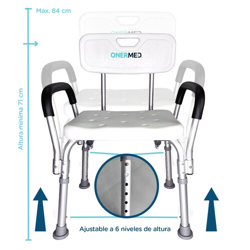 Silla Ducha Baño Altura Ajustable Antiderrapante Brazos Desmontables Portatil