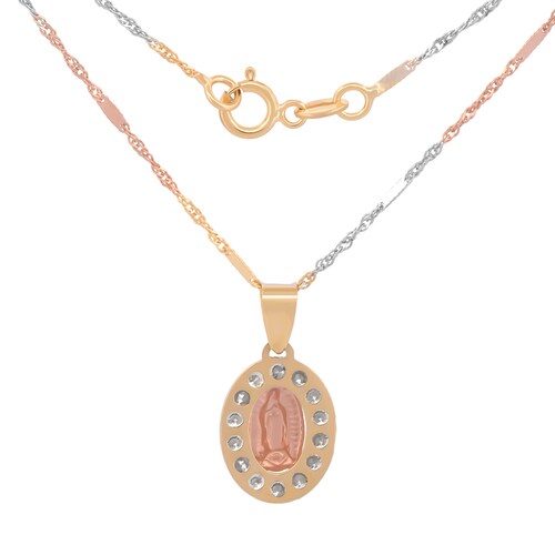 Cadena Con Dije Medalla Virgen Bautizo 3 Oros 10k Sólido 