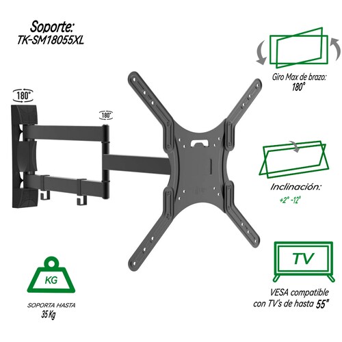 Soporte para TV Plasma, LCD y LED TAIKA TK-SM18055XL Brazo Extra Largo 180 grados, MAX VESA 400x400mm, 17 a 55 pulgadas