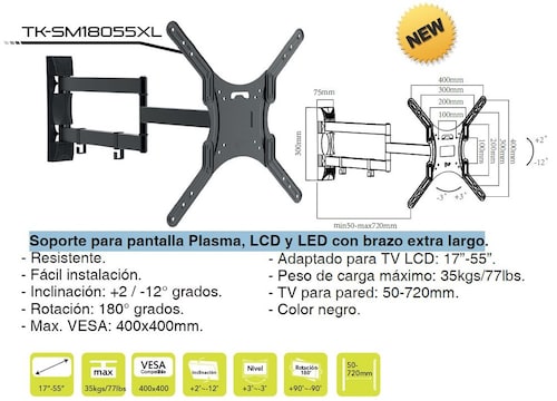 Soporte para TV Plasma, LCD y LED TAIKA TK-SM18055XL Brazo Extra Largo 180 grados, MAX VESA 400x400mm, 17 a 55 pulgadas