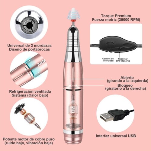 Pulidor Esmeril Taladro Para Uñas Acrilicas 35000rpm Rosa Oro