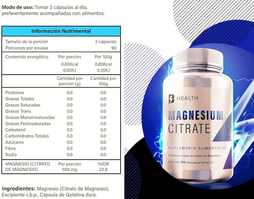 Citrato de Magnesio,100% Natural, B Health Be Natural, sin azúcar, Keto - 180 cápsulas de 500 mg c/u