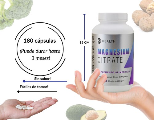 Citrato de Magnesio,100% Natural, B Health Be Natural, sin azúcar, Keto - 180 cápsulas de 500 mg c/u