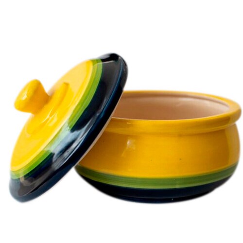 Cazuela Bowl de Cerámica, pintada a mano, diseño Azul con Amarillo.