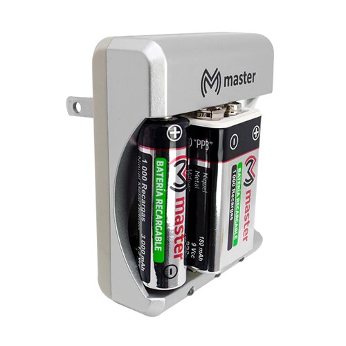 Cargador de Baterias Portatil Ideal para Viajes Diseño portatil Conexión de Pared Capacidad de Carga de 400 mA Incluye Dos Baterias AA y 1 Bateria de 9V / Master / MP-9V2AA