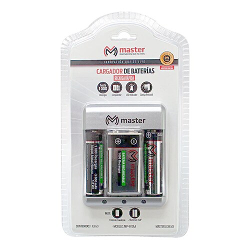 Cargador de Baterias Portatil Ideal para Viajes Diseño portatil Conexión de Pared Capacidad de Carga de 400 mA Incluye Dos Baterias AA y 1 Bateria de 9V / Master / MP-9V2AA