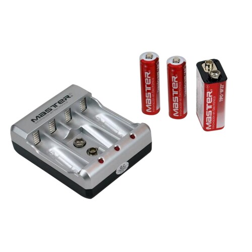 Cargador de Baterias Portatil Ideal para Viajes Diseño portatil Conexión de Pared Capacidad de Carga de 400 mA Incluye Dos Baterias AA y 1 Bateria de 9V / Master / MP-9V2AA