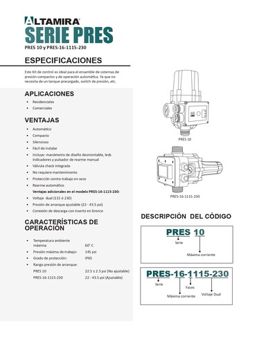 Kit de Presión Altamira Modelo PRES 10
