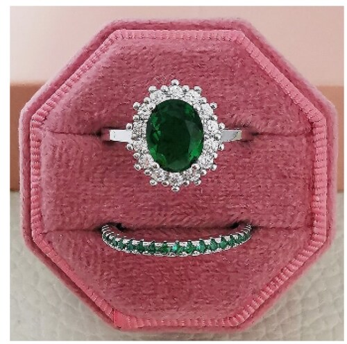 Juego Anillo Compromiso Oval Verde Esmeralda Y Churumbela Plata 925.