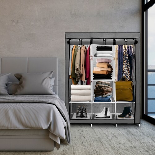 Closet Portátil Gris, Ropero Armable De Tela 3 Puertas Para Ropa