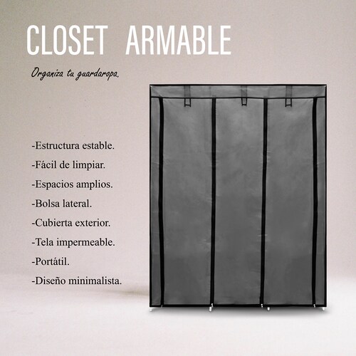 Closet Portátil Gris, Ropero Armable De Tela 3 Puertas Para Ropa