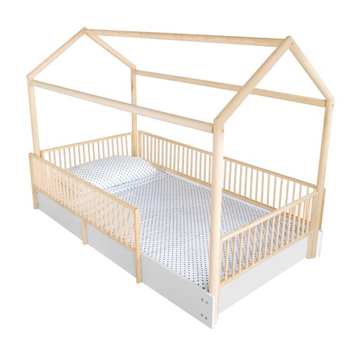 Duduk Cama Casa Con Barandales De Madera Individual Blanca.