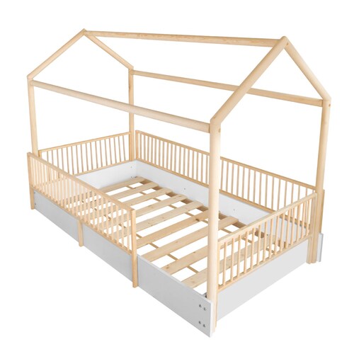 Duduk Cama Casa Con Barandales De Madera Individual Blanca.