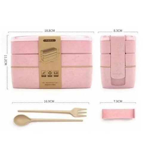 Lunch Box Tupper Rosa Fiambrera de 3 niveles con cubiertos 900 ml.