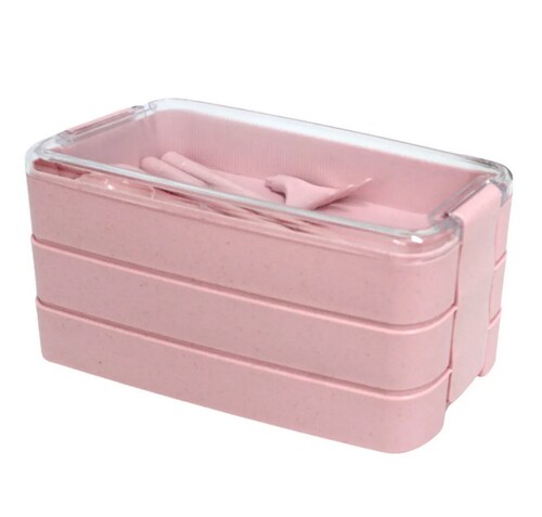 Lunch Box Tupper Rosa Fiambrera de 3 niveles con cubiertos 900 ml.