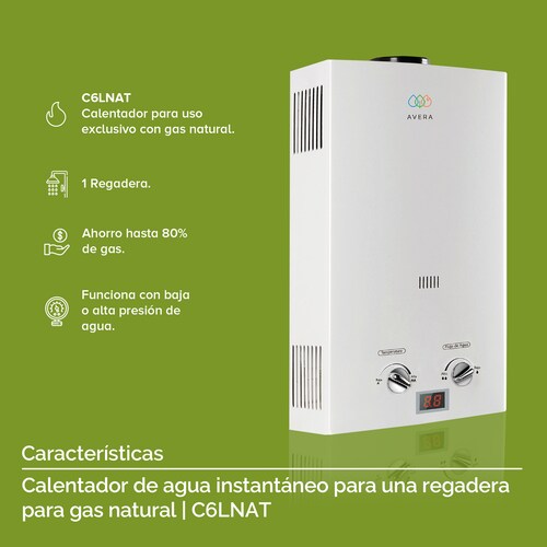 Calentador Boiler de Agua Instantáneo para Gas Natural 1 servicio Avera C6LNAT